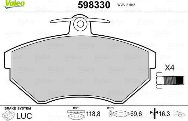 Valeo 598330 - Kit de plaquettes de frein, frein à disque cwaw.fr