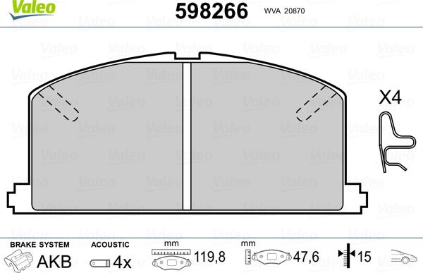 Valeo 598266 - Kit de plaquettes de frein, frein à disque cwaw.fr