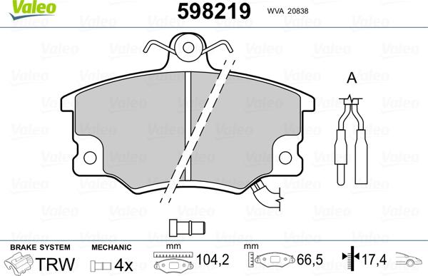 Valeo 598219 - Kit de plaquettes de frein, frein à disque cwaw.fr