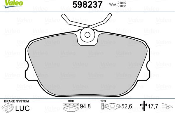 Valeo 598237 - Kit de plaquettes de frein, frein à disque cwaw.fr