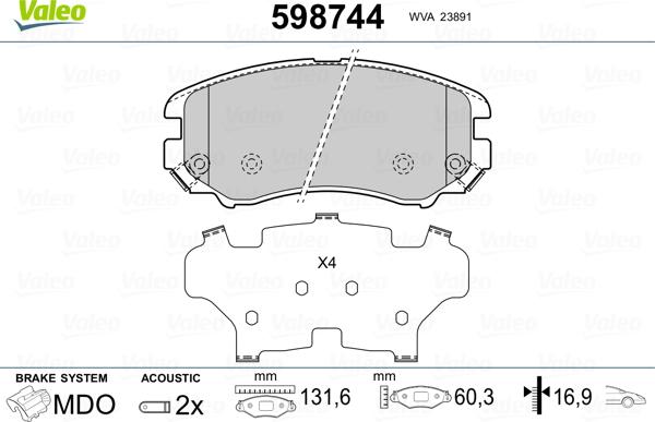 Valeo 598744 - Kit de plaquettes de frein, frein à disque cwaw.fr