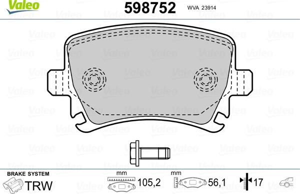 Valeo 598752 - Kit de plaquettes de frein, frein à disque cwaw.fr