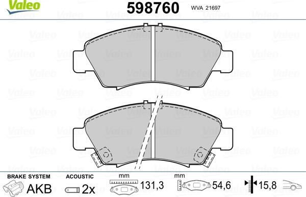 Valeo 598760 - Kit de plaquettes de frein, frein à disque cwaw.fr