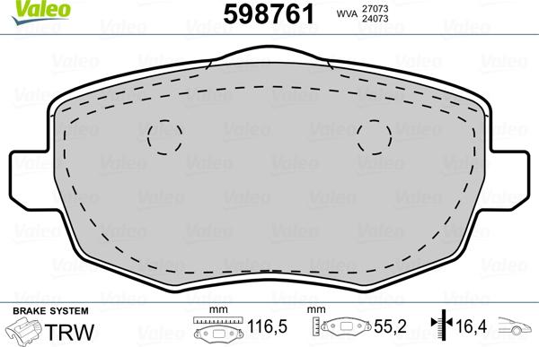 Valeo 598761 - Kit de plaquettes de frein, frein à disque cwaw.fr