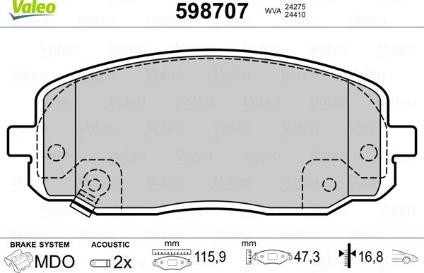 Valeo 598707 - Kit de plaquettes de frein, frein à disque cwaw.fr