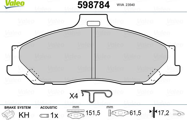 Valeo 598784 - Kit de plaquettes de frein, frein à disque cwaw.fr