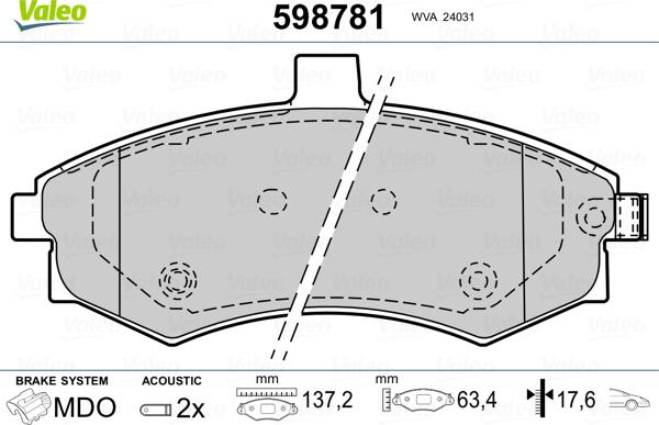 Valeo 598781 - Kit de plaquettes de frein, frein à disque cwaw.fr