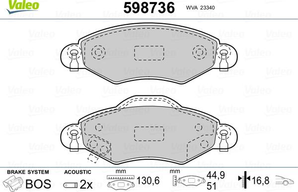 Valeo 598736 - Kit de plaquettes de frein, frein à disque cwaw.fr