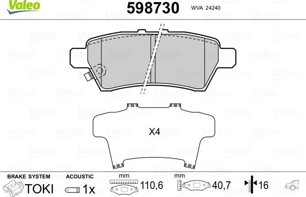 Valeo 598730 - Kit de plaquettes de frein, frein à disque cwaw.fr