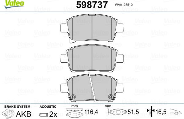 Valeo 598737 - Kit de plaquettes de frein, frein à disque cwaw.fr