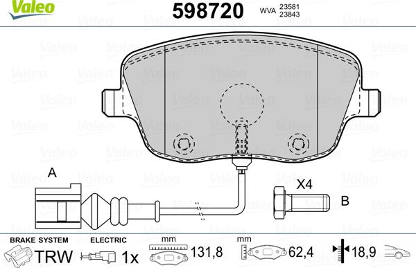 Valeo 598720 - Kit de plaquettes de frein, frein à disque cwaw.fr