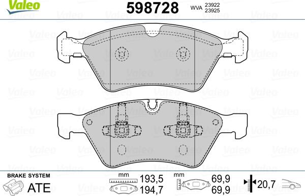 Valeo 598728 - Kit de plaquettes de frein, frein à disque cwaw.fr