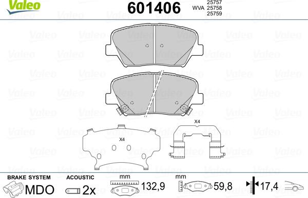 Valeo 601406 - Kit de plaquettes de frein, frein à disque cwaw.fr