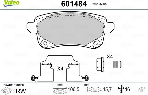 Valeo 601484 - Kit de plaquettes de frein, frein à disque cwaw.fr