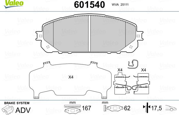 Valeo 601540 - Kit de plaquettes de frein, frein à disque cwaw.fr