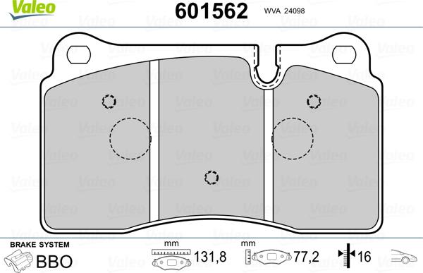 Valeo 601562 - Kit de plaquettes de frein, frein à disque cwaw.fr