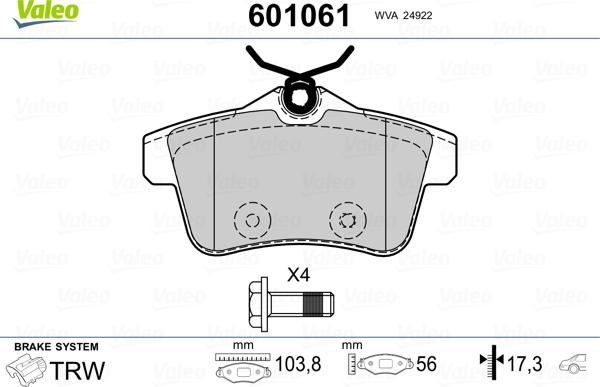 Valeo 601061 - Kit de plaquettes de frein, frein à disque cwaw.fr