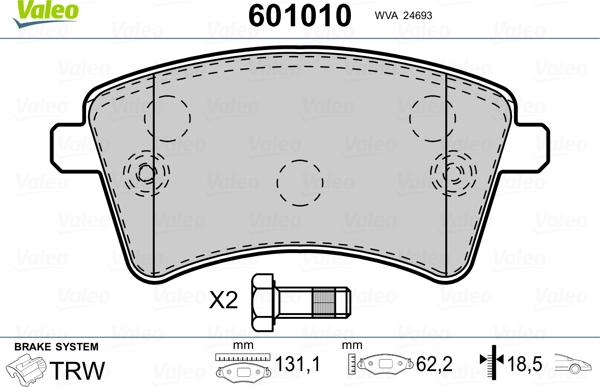 Valeo 601010 - Kit de plaquettes de frein, frein à disque cwaw.fr