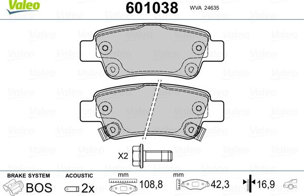 Valeo 601038 - Kit de plaquettes de frein, frein à disque cwaw.fr