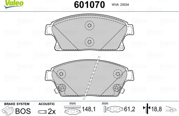 Valeo 601070 - Kit de plaquettes de frein, frein à disque cwaw.fr