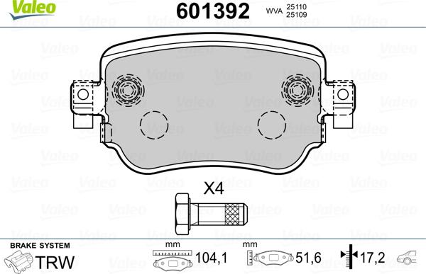 Valeo 601392 - Kit de plaquettes de frein, frein à disque cwaw.fr