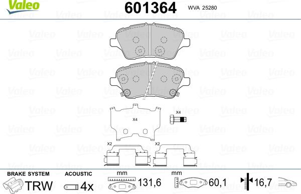 Valeo 601364 - Kit de plaquettes de frein, frein à disque cwaw.fr