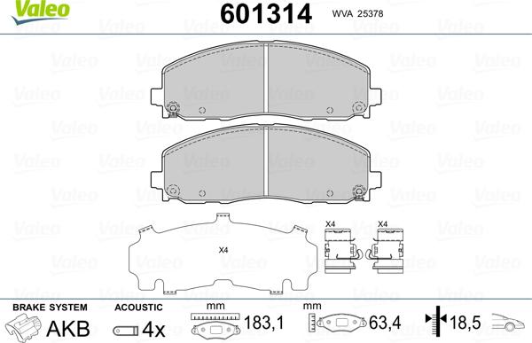 Valeo 601314 - Kit de plaquettes de frein, frein à disque cwaw.fr