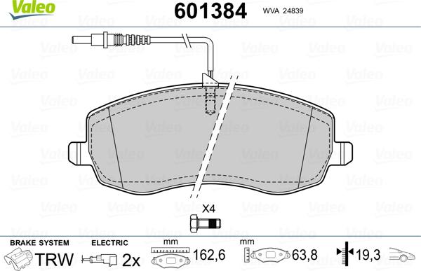 Valeo 601384 - Kit de plaquettes de frein, frein à disque cwaw.fr