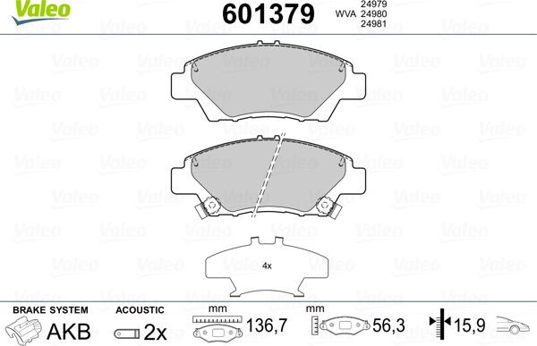 Valeo 601379 - Kit de plaquettes de frein, frein à disque cwaw.fr