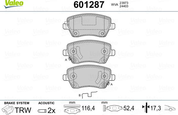 Valeo 601287 - Kit de plaquettes de frein, frein à disque cwaw.fr