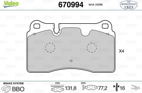 Valeo 670994 - Kit de plaquettes de frein, frein à disque cwaw.fr