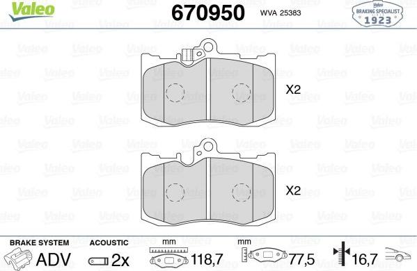 Valeo 670950 - Kit de plaquettes de frein, frein à disque cwaw.fr