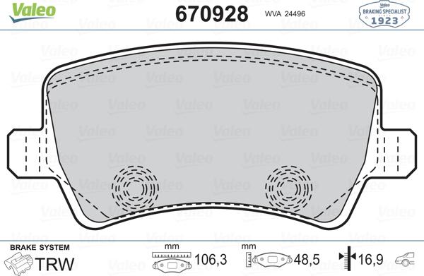 Valeo 670928 - Kit de plaquettes de frein, frein à disque cwaw.fr