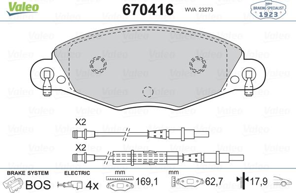 Valeo 670416 - Kit de plaquettes de frein, frein à disque cwaw.fr