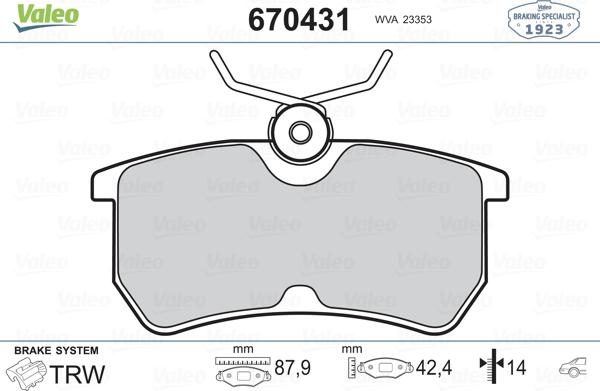 Valeo 670431 - Kit de plaquettes de frein, frein à disque cwaw.fr