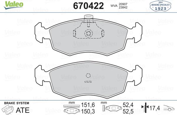 Valeo 670422 - Kit de plaquettes de frein, frein à disque cwaw.fr