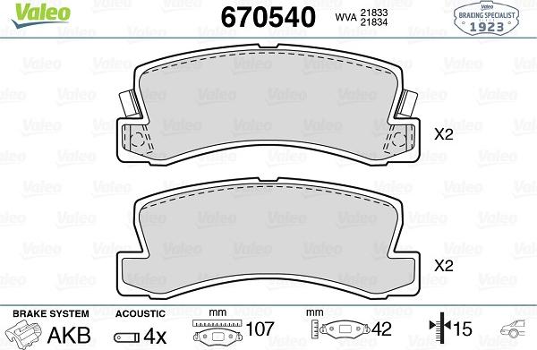 Valeo 670540 - Kit de plaquettes de frein, frein à disque cwaw.fr