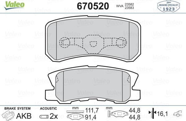 Valeo 670520 - Kit de plaquettes de frein, frein à disque cwaw.fr