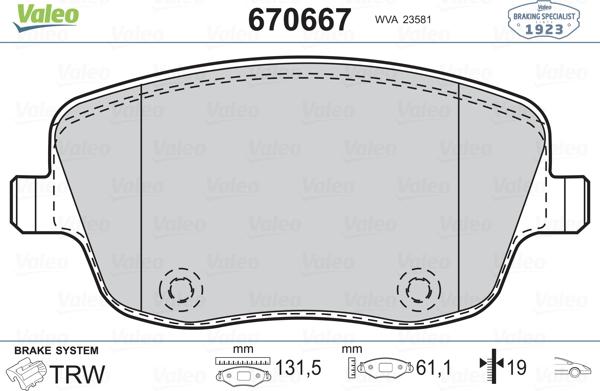 Valeo 670667 - Kit de plaquettes de frein, frein à disque cwaw.fr