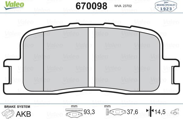 Valeo 670098 - Kit de plaquettes de frein, frein à disque cwaw.fr