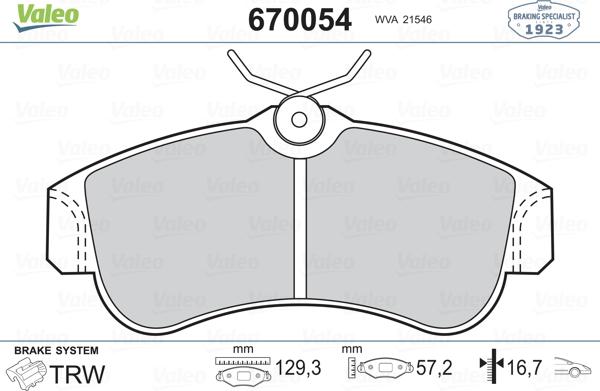 Valeo 670054 - Kit de plaquettes de frein, frein à disque cwaw.fr