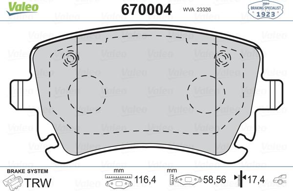 Valeo 670004 - Kit de plaquettes de frein, frein à disque cwaw.fr