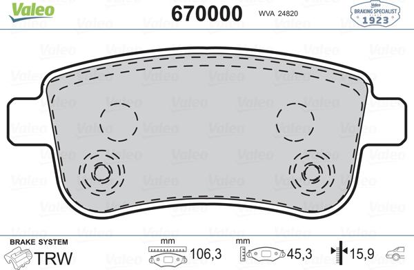 Valeo 670000 - Kit de plaquettes de frein, frein à disque cwaw.fr