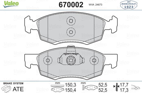 Valeo 670002 - Kit de plaquettes de frein, frein à disque cwaw.fr