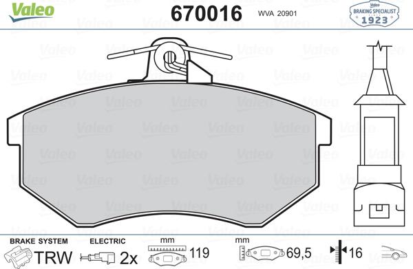 Valeo 670016 - Kit de plaquettes de frein, frein à disque cwaw.fr