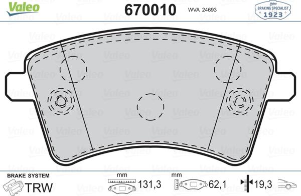 Valeo 670010 - Kit de plaquettes de frein, frein à disque cwaw.fr