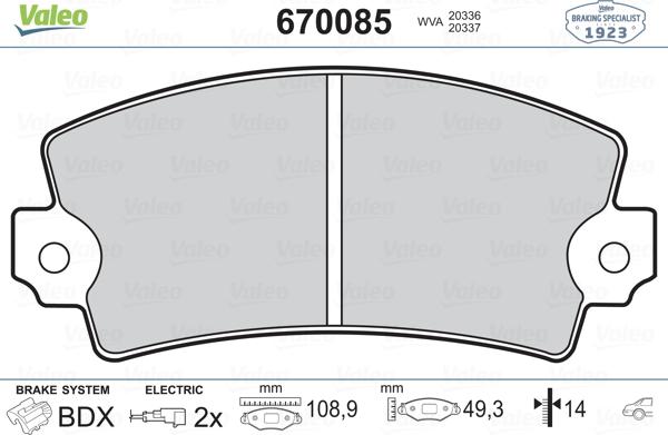 Valeo 670085 - Kit de plaquettes de frein, frein à disque cwaw.fr