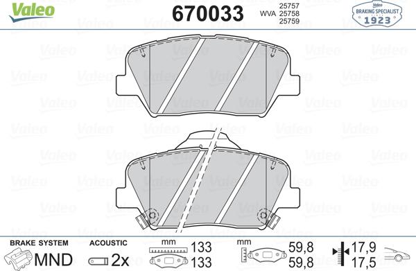 Valeo 670033 - Kit de plaquettes de frein, frein à disque cwaw.fr