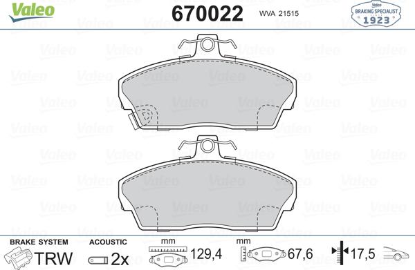 Valeo 670022 - Kit de plaquettes de frein, frein à disque cwaw.fr