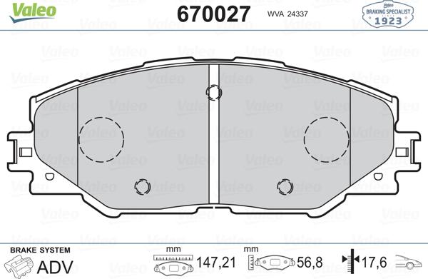 Valeo 670027 - Kit de plaquettes de frein, frein à disque cwaw.fr